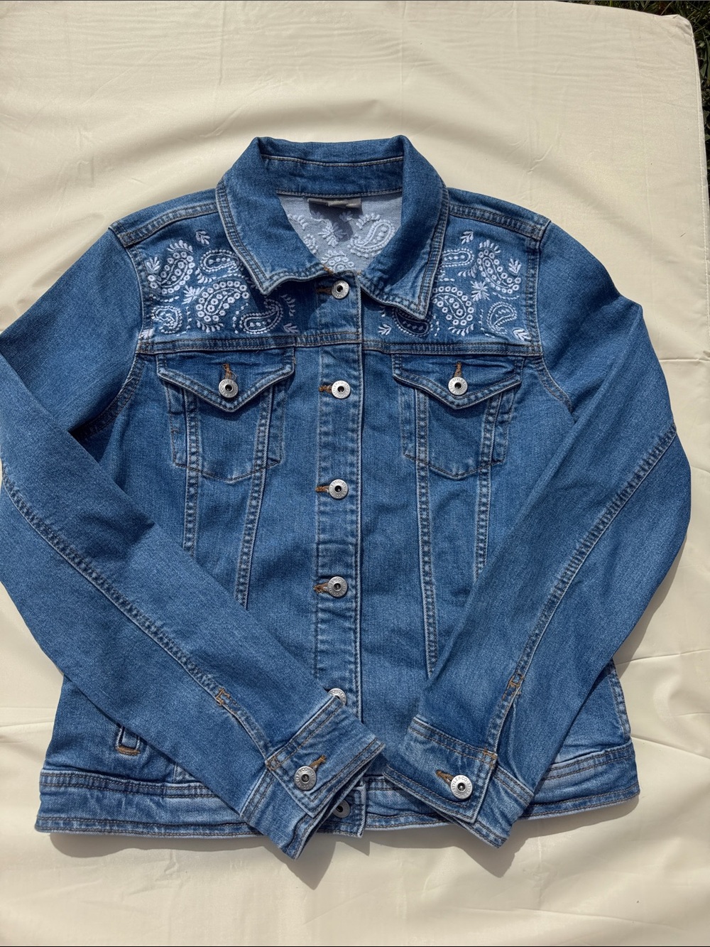 Style & Co. Blue Denim Jacket with White Paisley Yoke